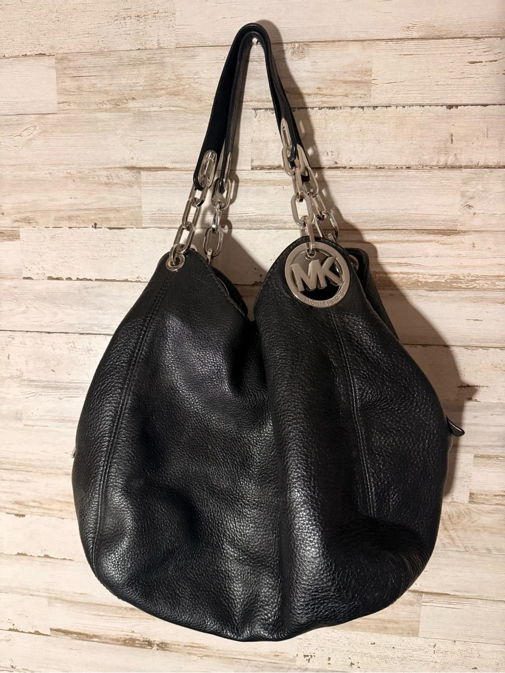 Michael Kors Black Pebbled Leather Shoulder Hobo with Chain Accents